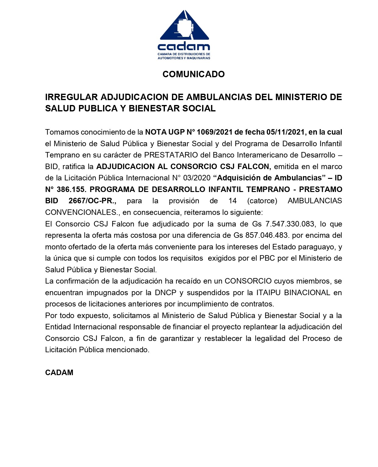 IRREGULAR ADJUDICACIÓN DE AMBULANCIAS DEL MINISTERIO DE SALUD PÚBLICA Y BIENESTAR SOCIAL