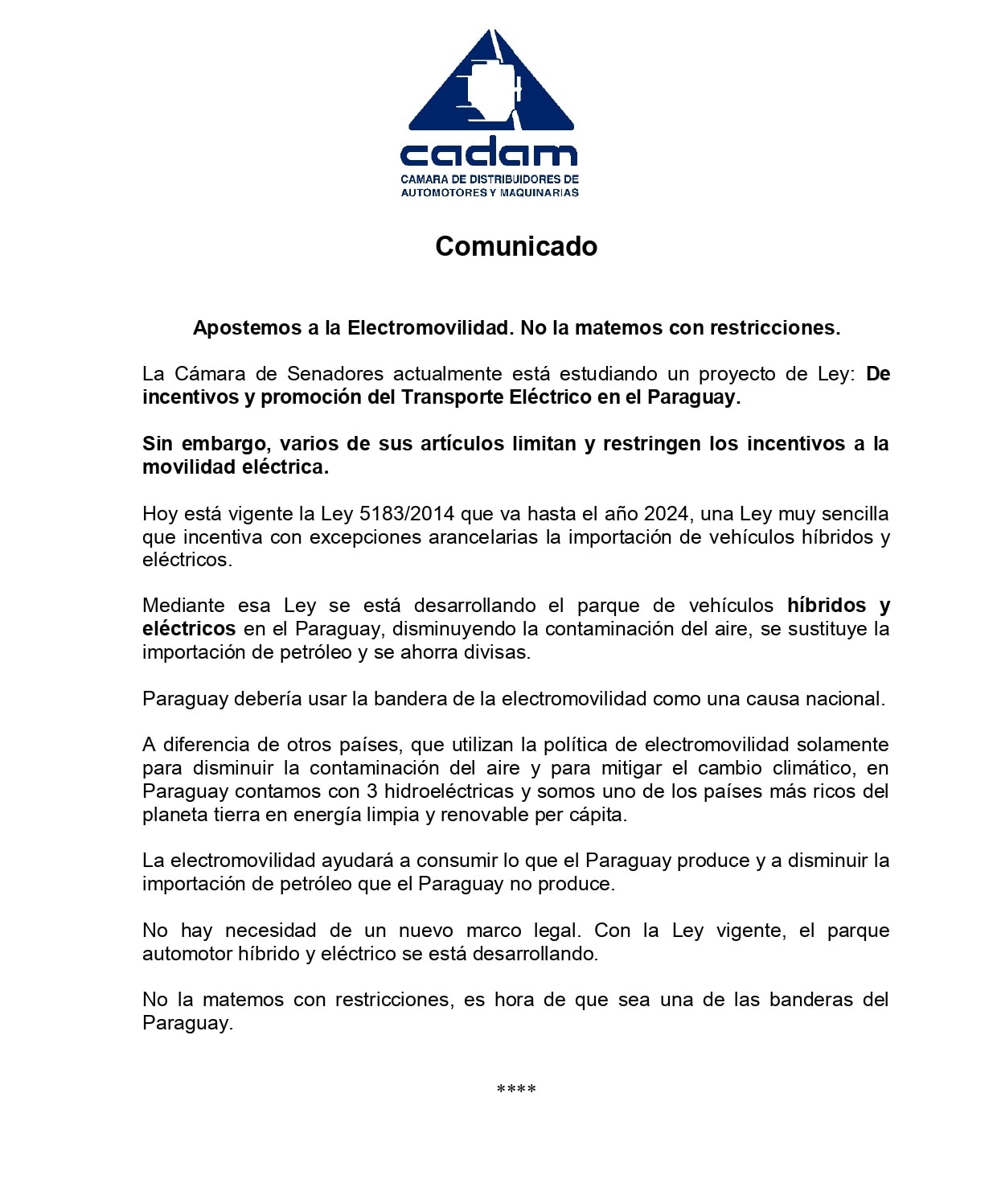 APOSTEMOS A LA ELECROMOVILIDAD. NO LA MATEMOS CON RESTRICCIONES